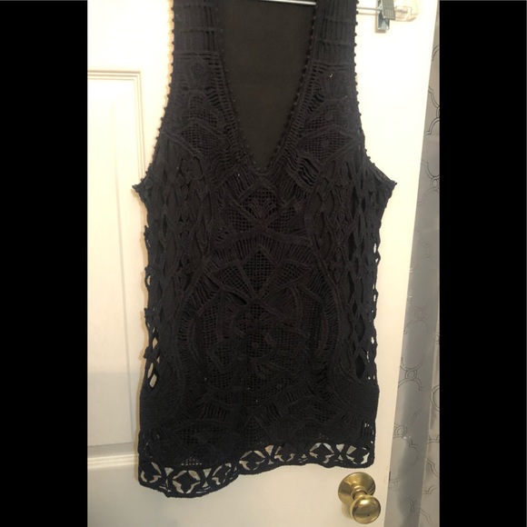 Banana Republic large black tank top sleeveless crochet front semi sheer back - Picture 11 of 16